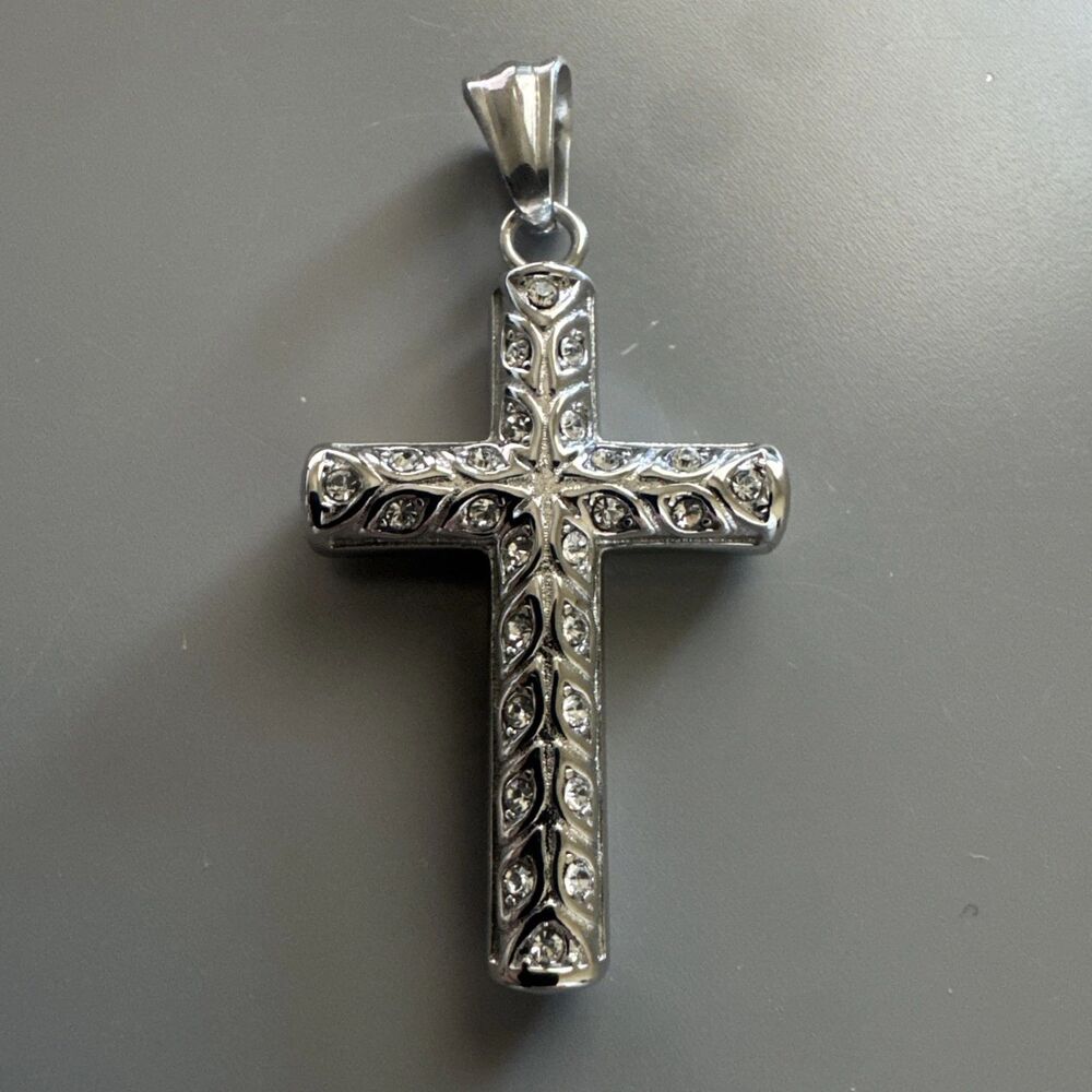 Cross Pendant Cubic Zirconia 24” Chain Silver Plated Religious Faith Gift Unisex